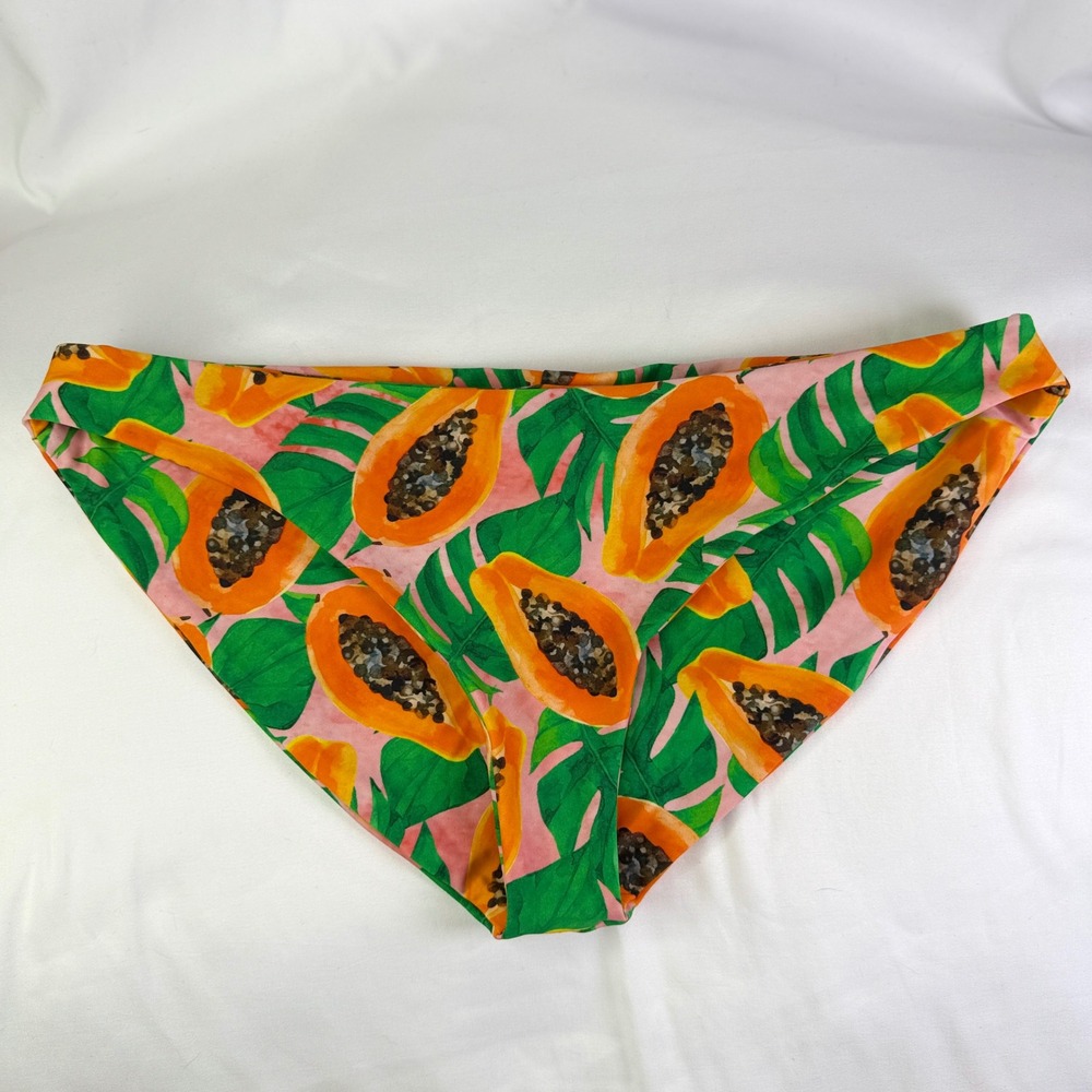 Fused Hawaii Bikini Bottom Womens L Pink Papaya Tropical Monstera Fruit Swimwear